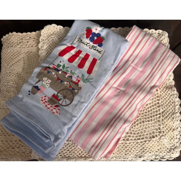 Truly Lou Kitchen Towels Fruit Stand &‎ Striped Cotton Blend, Set of 2 - Picture 3 of 7
